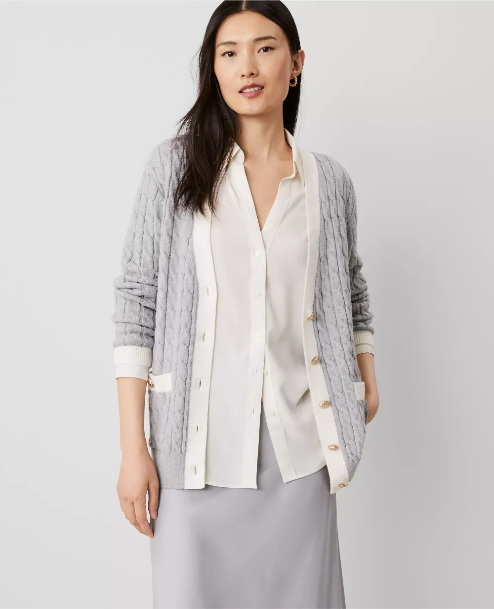Cable Contrast Trim Boyfriend Cardigan