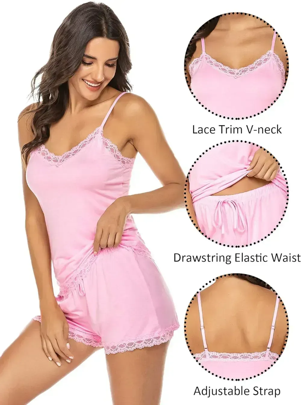 Women Cami Pajama Set Modal Sleepwear Lace Trim Short PJ Set with Shorts