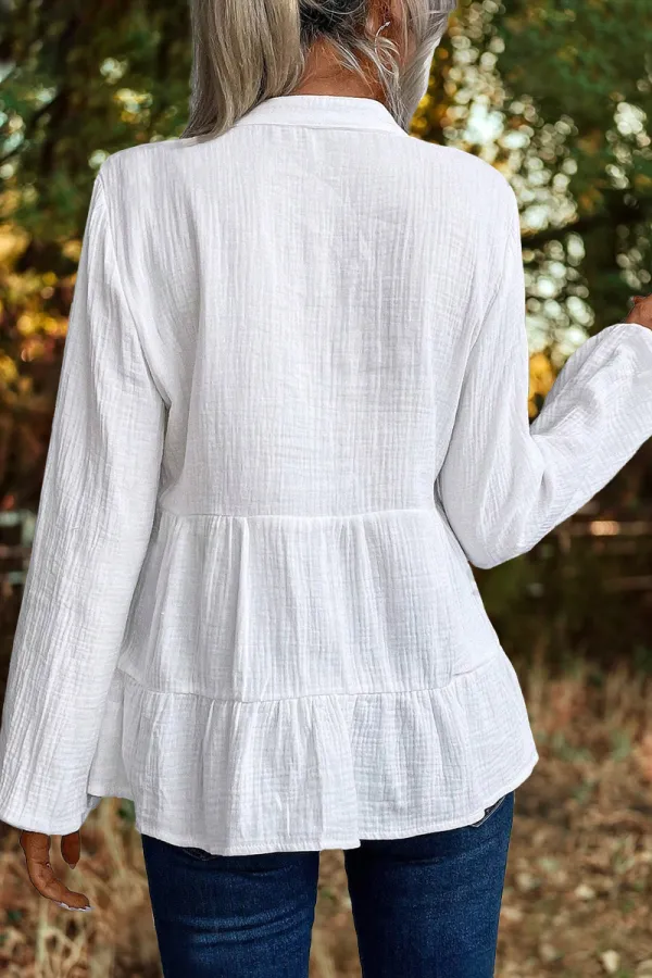Solid Button Front Textured Ruffle Hem Shirt