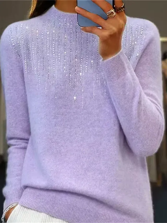 Women‘s Christmas Pullover Sweater Jumper Crew Neck Ribbed Knit Acrylic Sequins Fall Winter Regular Outdoor Daily Going out Xmas Stylish Casual Long Sleeve Solid Color Black White Light Green S M L