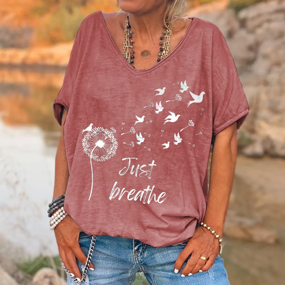 Just Breathe Printed Women's V-neck T-shirt