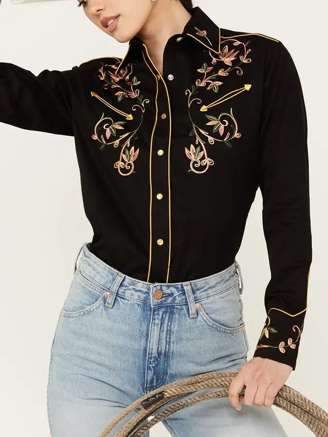 Women's Vintage Western Print Long Sleeve Shirt