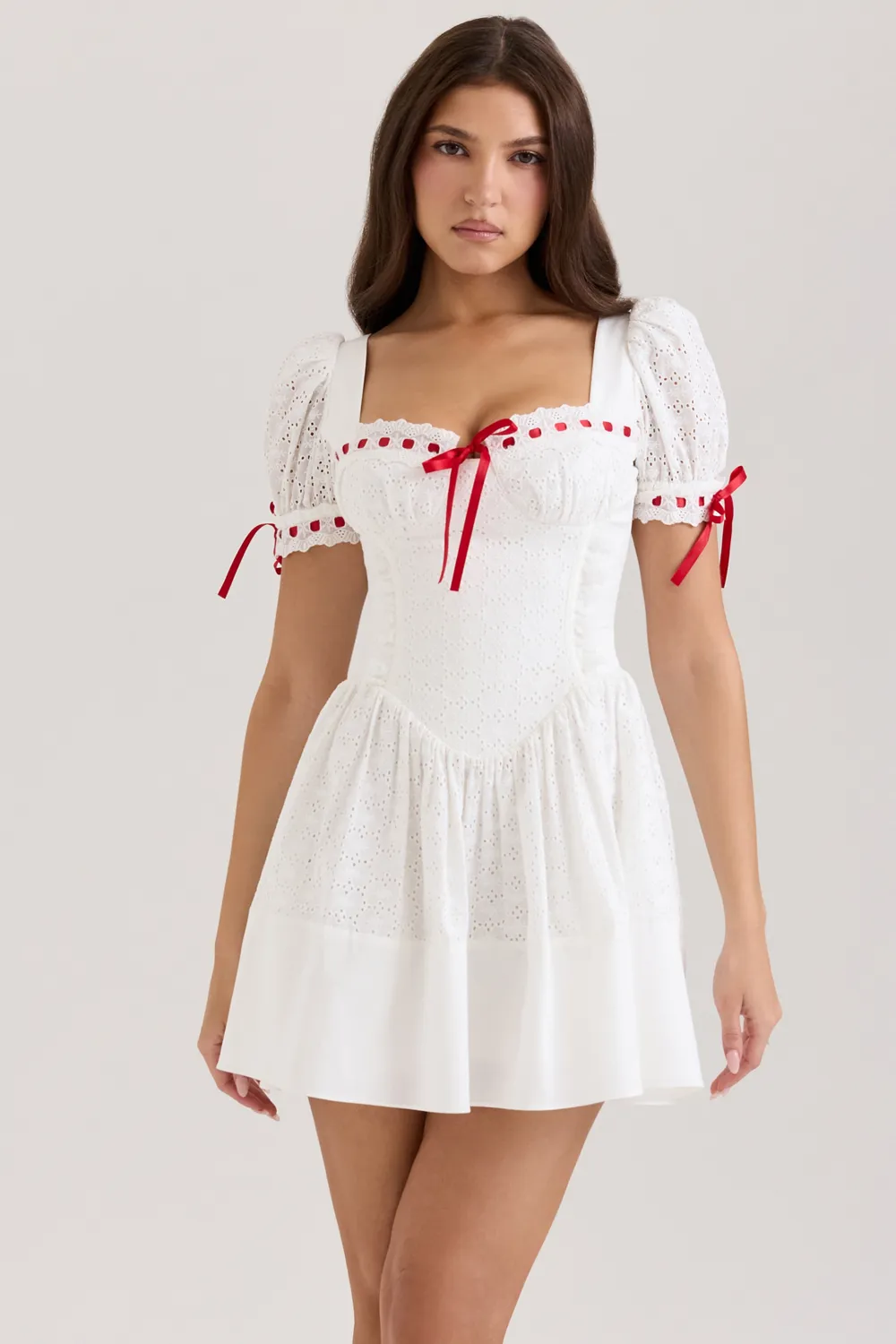 White Broderie Anglaise Puff Sleeve Mini Dress