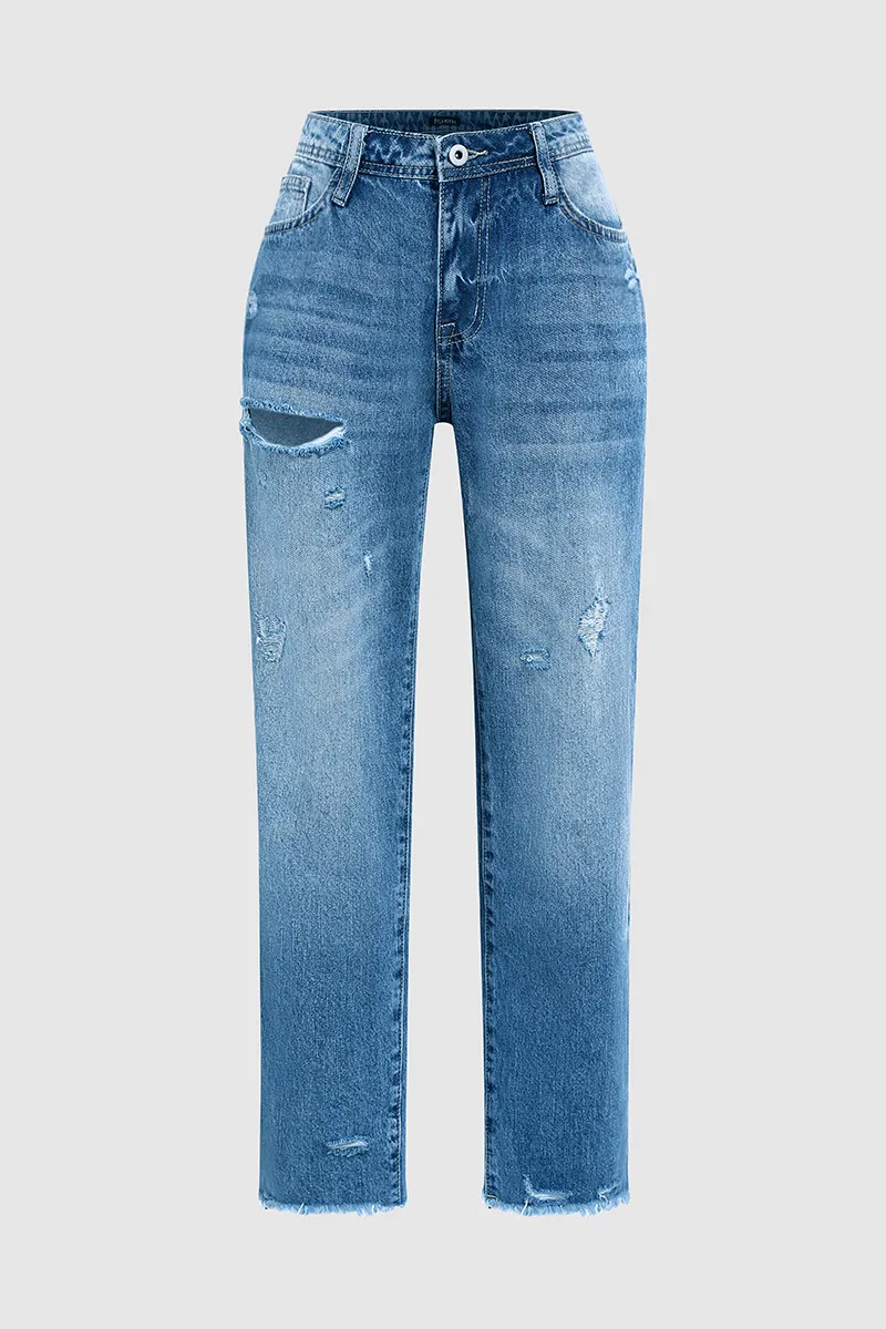 Ripped Raw Hem Mid Rise Straight Leg Cropped Jeans