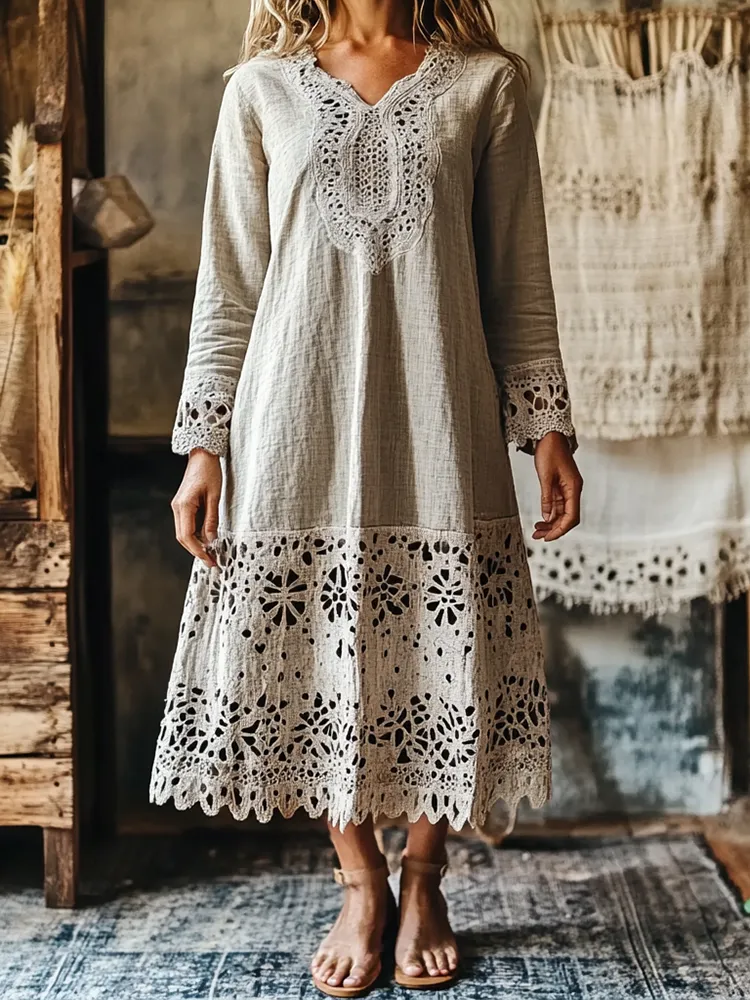 Women's Retro Lace Embroidery Art Midi Dress
