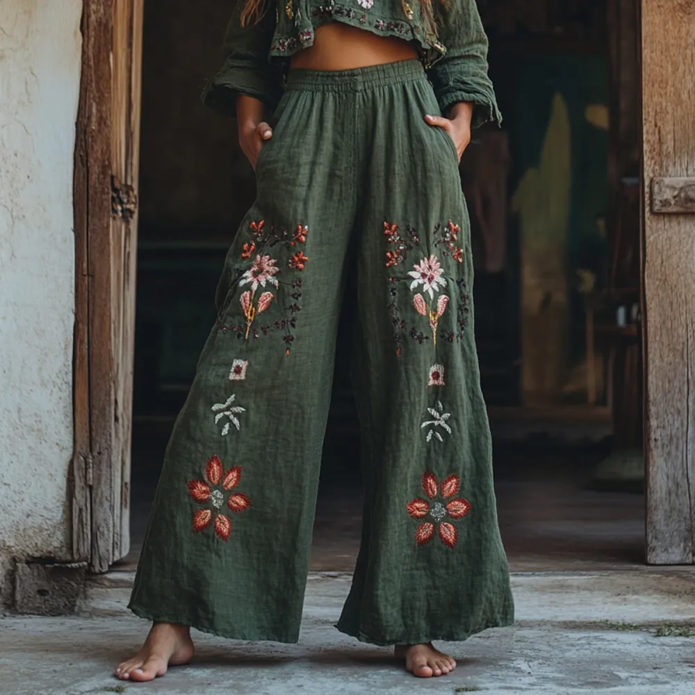Women's Retro Linen Boho Floral Art Long Loose Wide-leg Trouser Pants