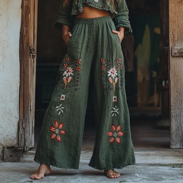 Women's Retro Linen Boho Floral Art Long Loose Wide-leg Trouser Pants