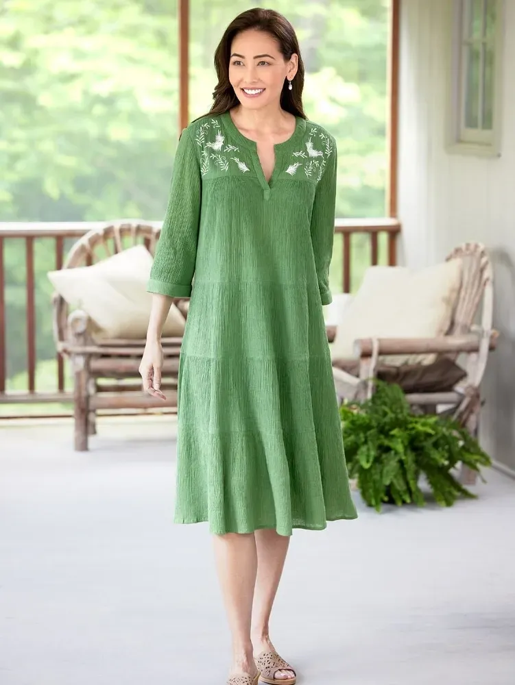 Embroidered Leaves Crinkle Cotton Tiered Dress