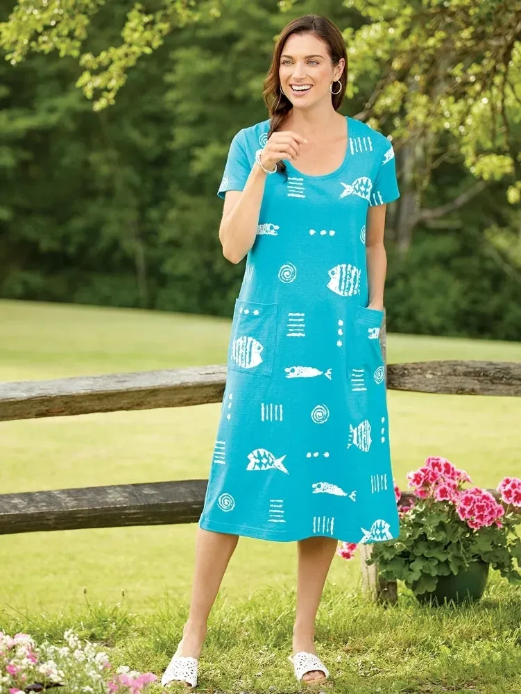 M.MAC Rock Fish Cotton Knit Mid-Length Dress With Pockets