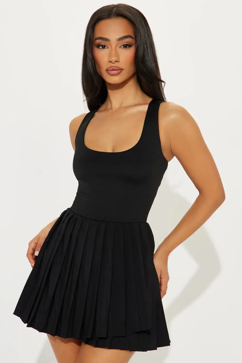 Serve It Tennis Pleated Mini Dress - Black