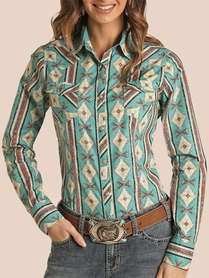 Women's Vintage Western Art Print Casual Linen Shirt