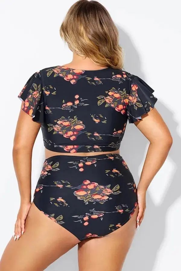 Floral Print Flutter Sleeve Elegant Swim Bikini Top