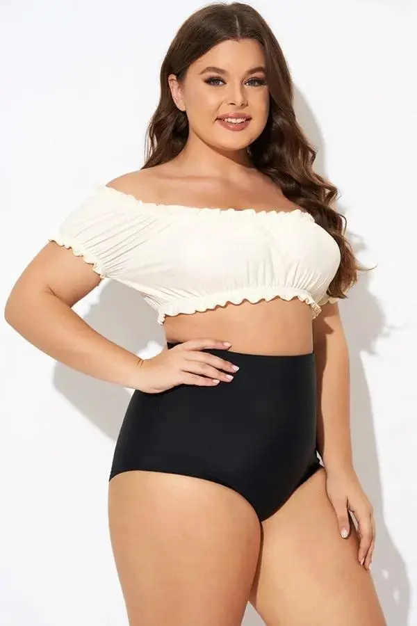 Retro White Ruffles Bardot Sleeves Bikini Top