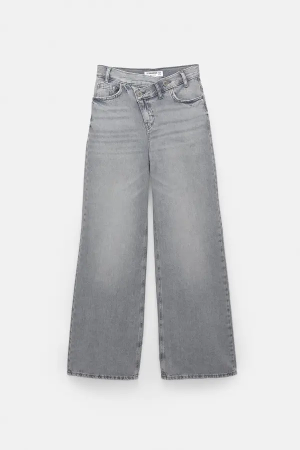 Jeans wide leg cintura cruzada