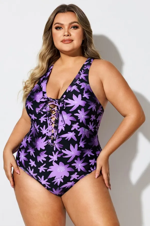 Floral Print Front Line Open Back One Piece Swimsuit