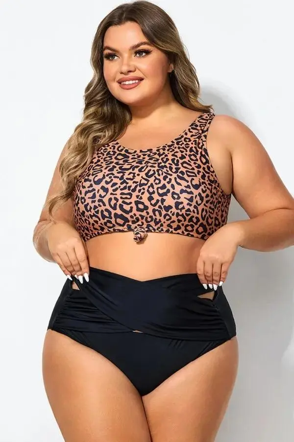 Leopard Print Scoop Neck Front Women Bikini Top