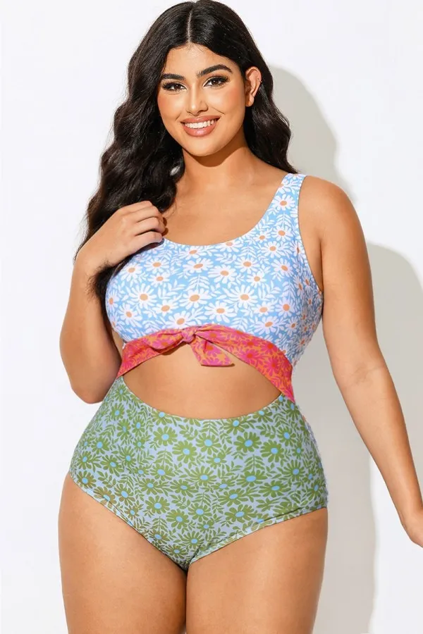 Daisy Patch Printed Knotted One Piece Swimsuit