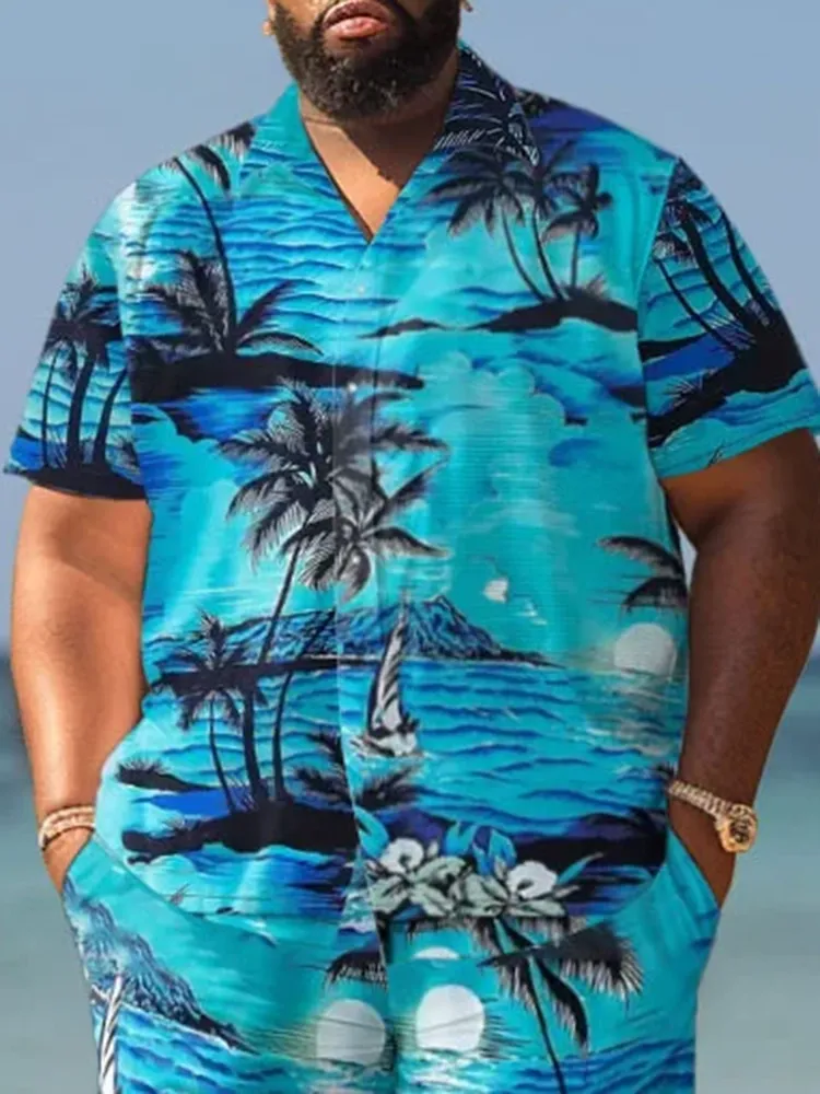Big Guys Hawaiian Seaside Coconut Tree Print Shirt Shorts Set