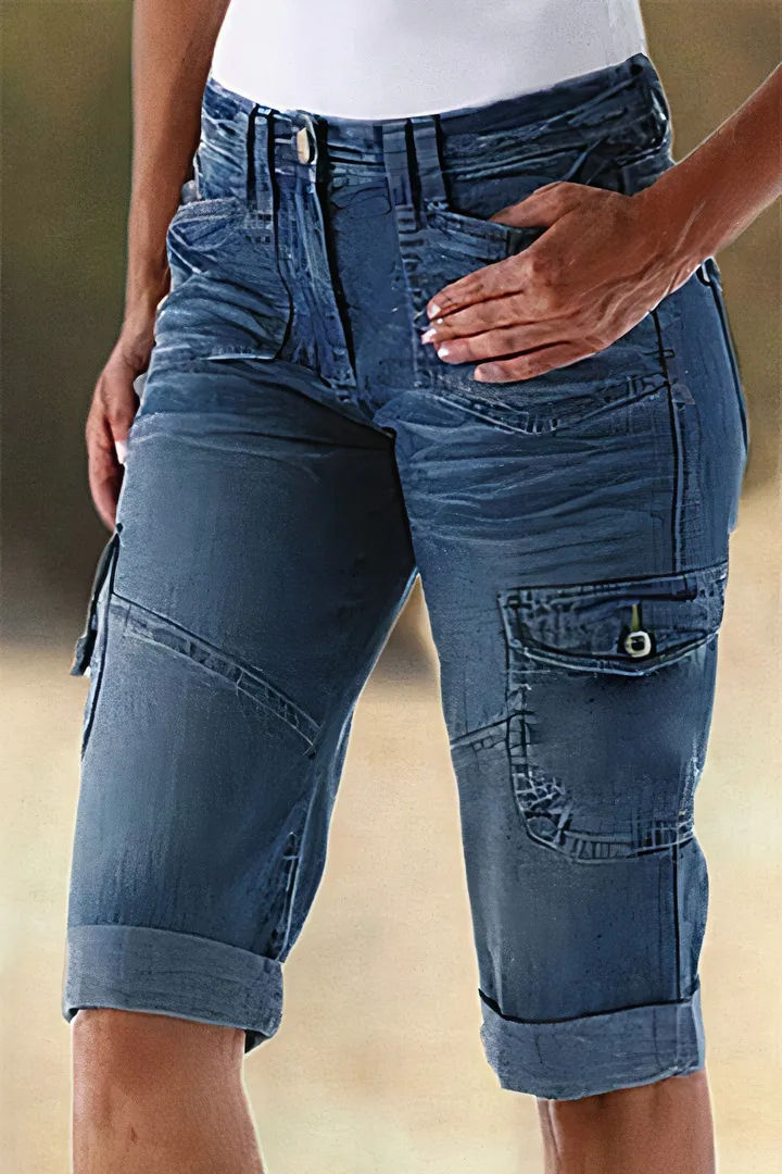 Flap Pocket Roll Hem Bermuda Denim Shorts Without Belt