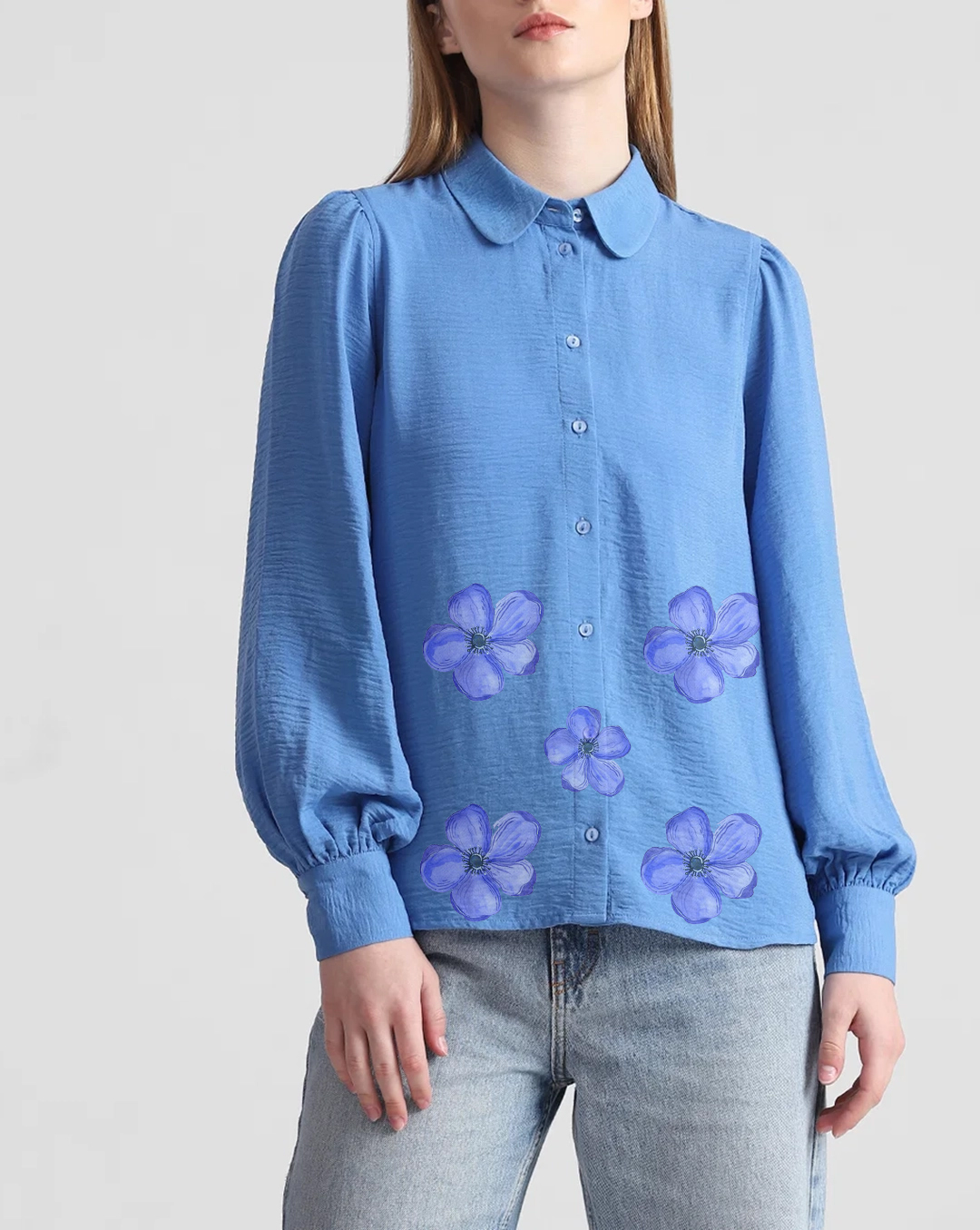 Light Blue Puff Sleeve Textured Shirt with Floral Embroidery