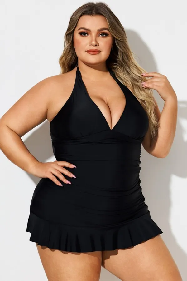 Black Halter Neck Ruched Tummy Control Swimdress