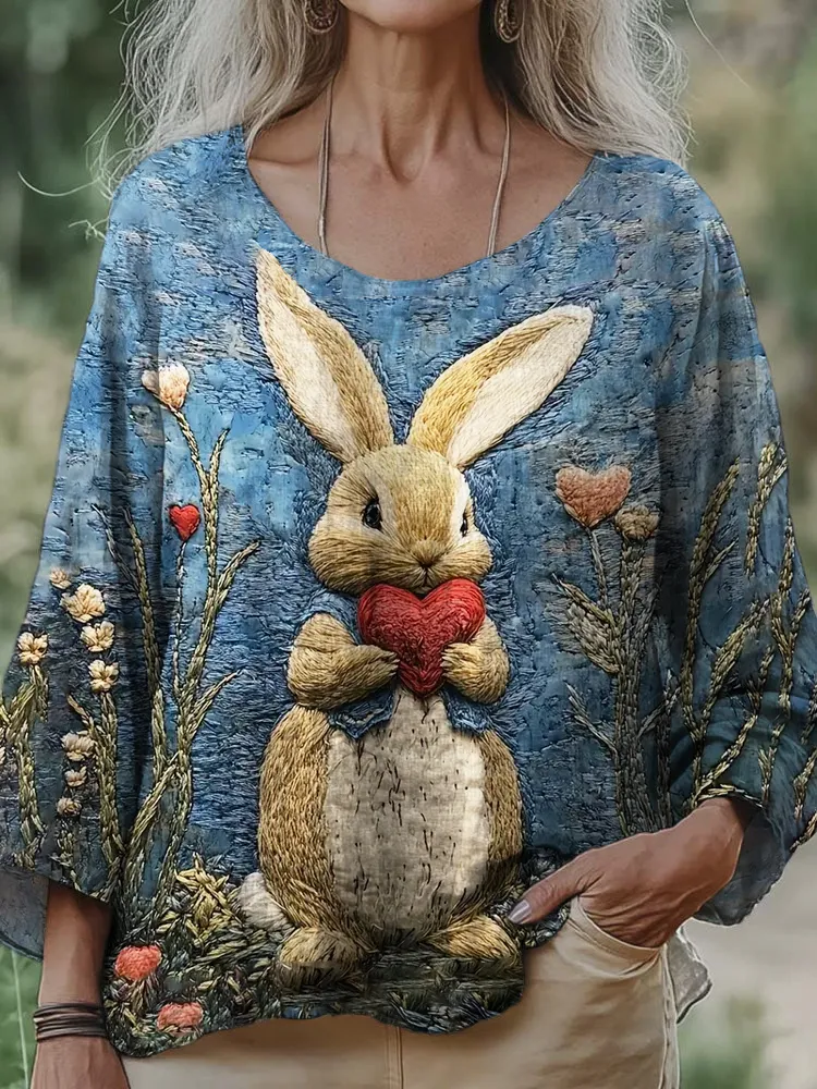 Love Bunny Animal Embroidery Women's Linen Loose Shirt