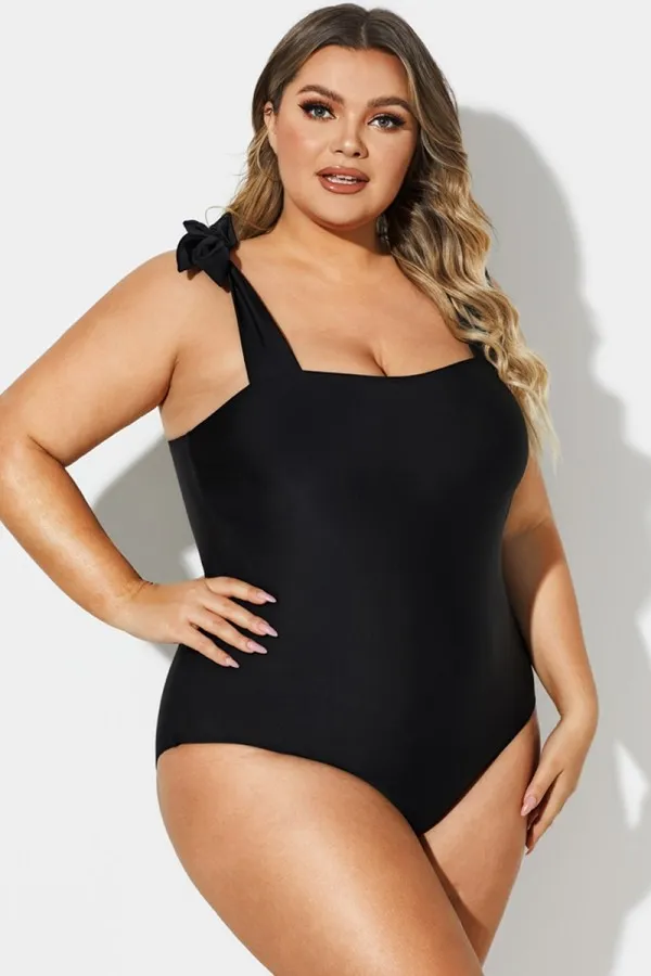 Black Square Adjustable Tie One Piece Swimsuit