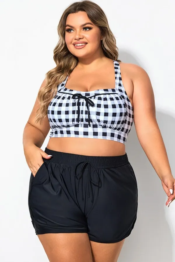 Retro Gingham Wireless Ruched Cups Crossback Bikini Top