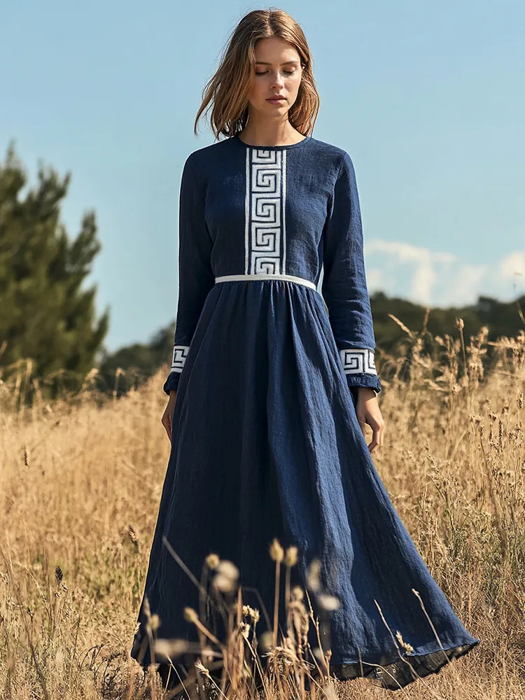 Elegant Greek Key Print Midi Dress