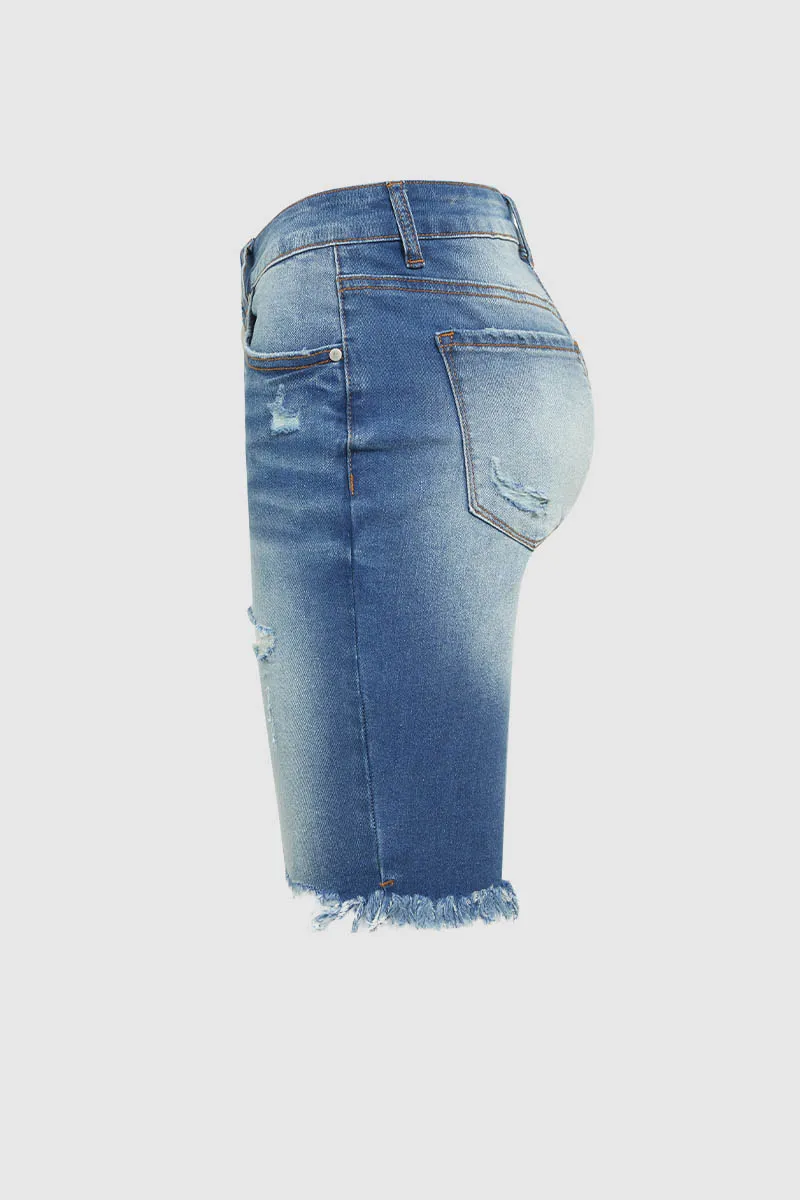 Ripped Raw Hem Button Up Mid Waist Denim Mid Thigh Shorts