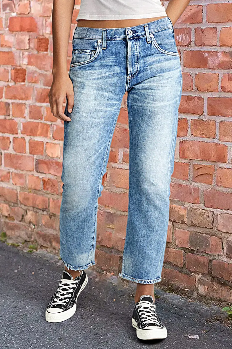 Wash Raw Hem High Rise Straight Leg Jeans