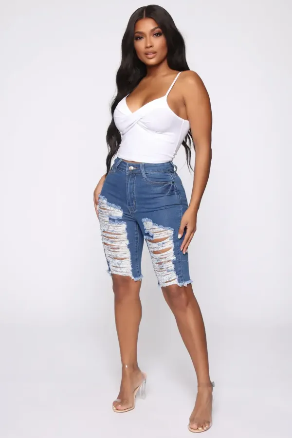 Mellow Out Distressed Bermuda Shorts - Medium Blue Wash