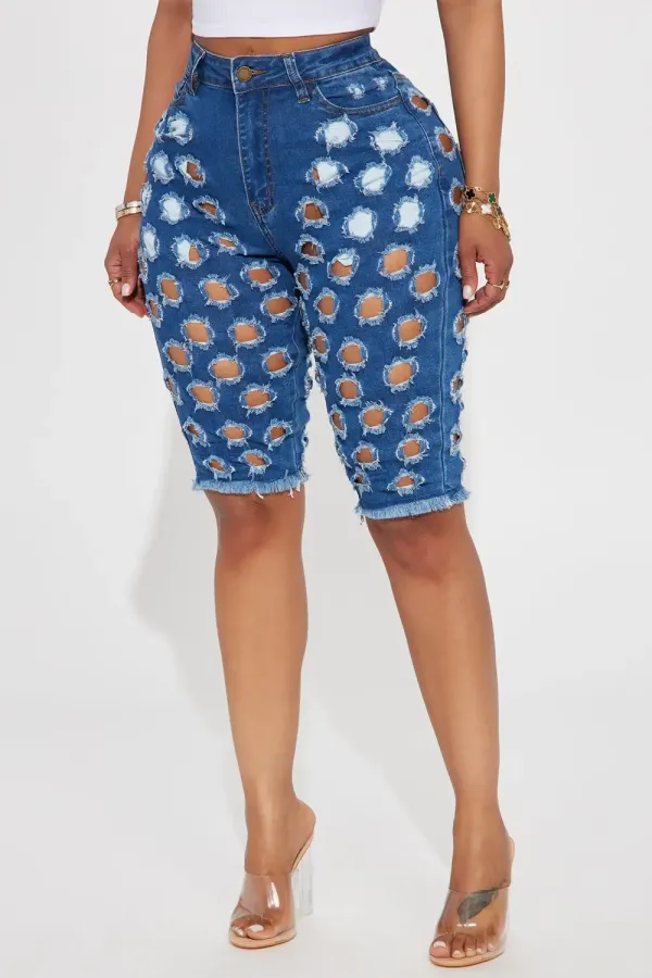 Vidia Stretch Ripped Denim Bermuda Shorts - Medium Wash