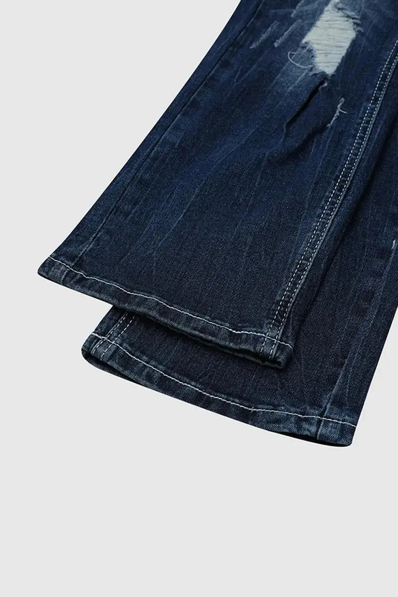 Ripped Washed Roll Hem Mid Waist Cropped Jeans