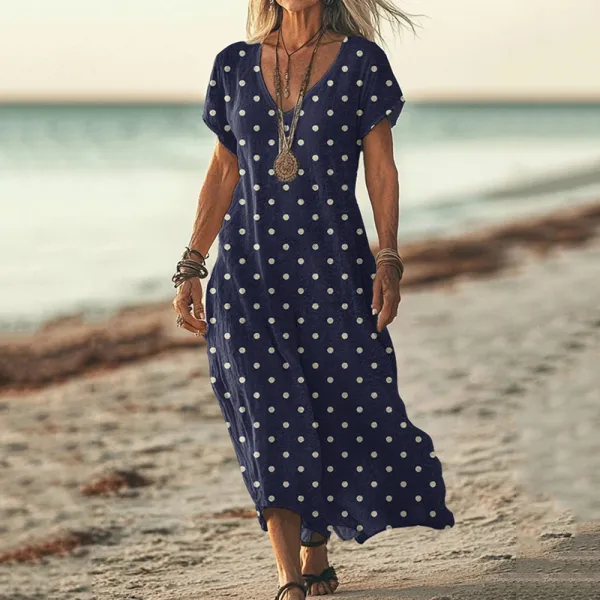 Polka Dot Print V-neck Short Sleeved Linen Blend Midi Dress