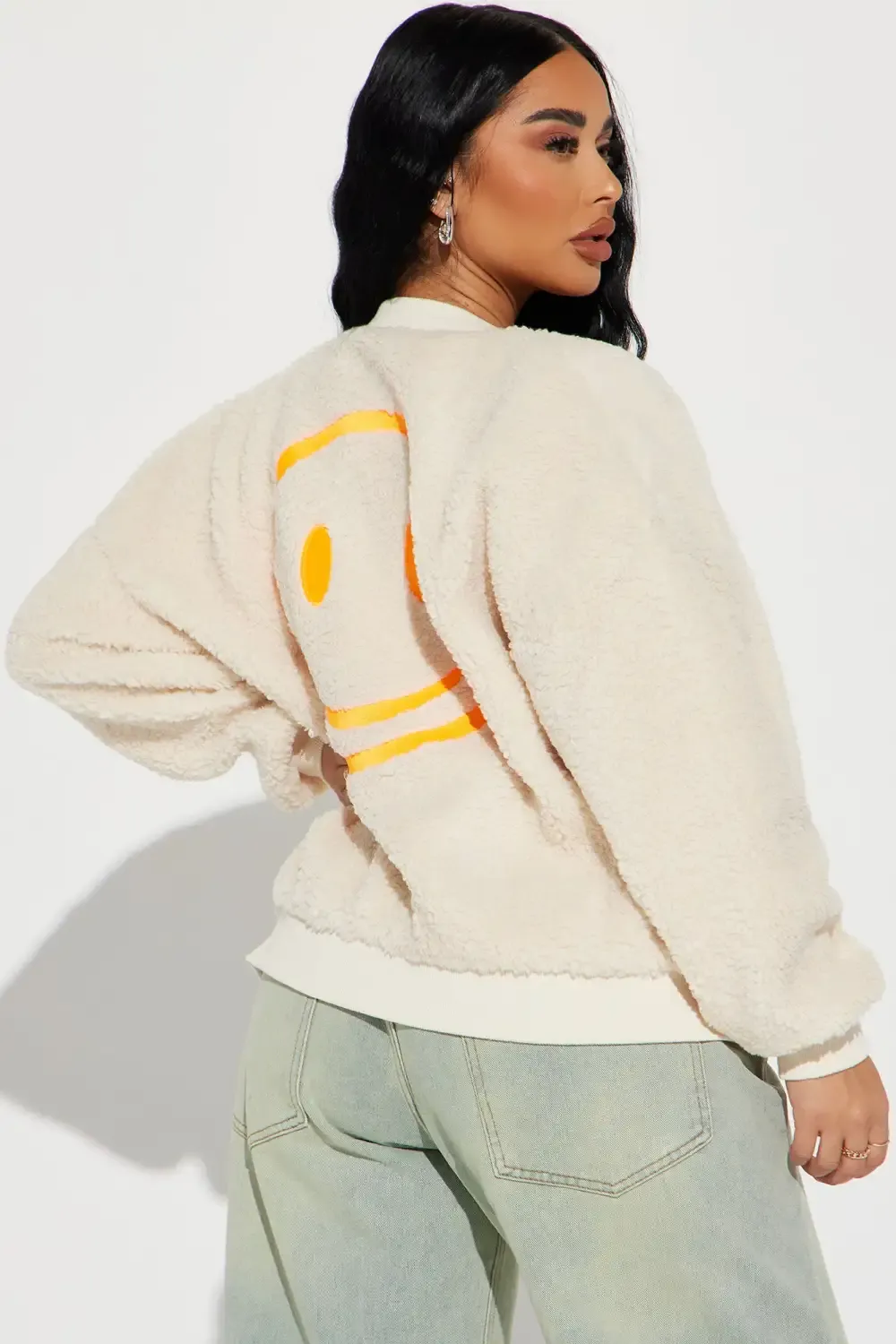 Fake Smiles Embroidered Sherpa Jacket - Cream