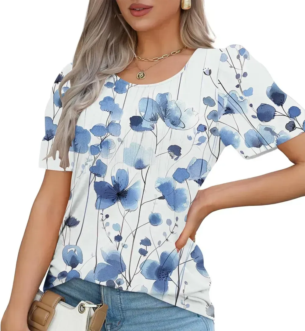 Womens Summer Pleated Front Shirts Tunics Casual Short Sleeved Loose Round Neck Boho Printed Tops Vacation Blouse