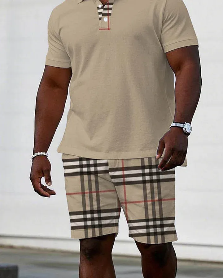Daily Leisure Holiday Big Brand Plaid Collar Stitching Short Sleeve POLO Shorts Suit Men'S Plus Size