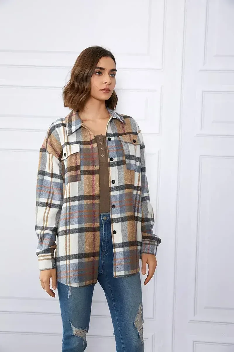 Womens Casual Plaid Shacket Button Down Long Sleeve Shirt