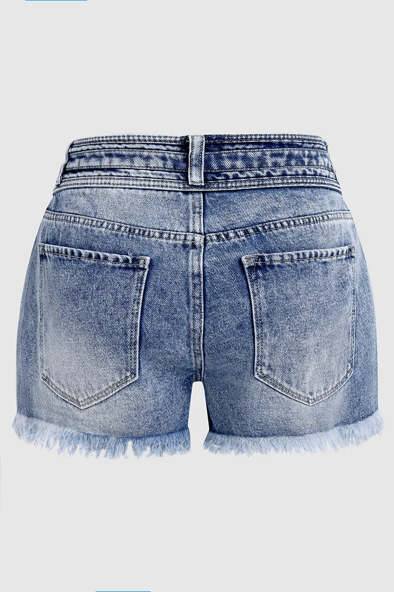 Wash Button Fly Raw Hem Mid Rise Denim Shorts
