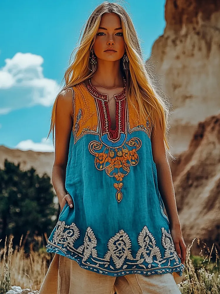 Vintage Tribal Ethnic Floral Embroidery Art V-neck Linen T-shirt