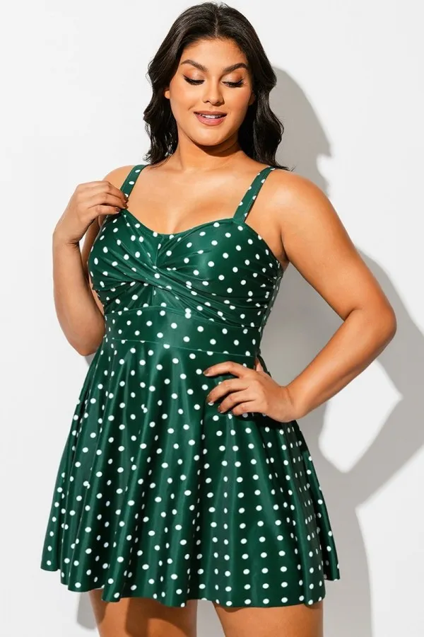 Green Polka Dot Crossover Flutter Hem Swimdress
