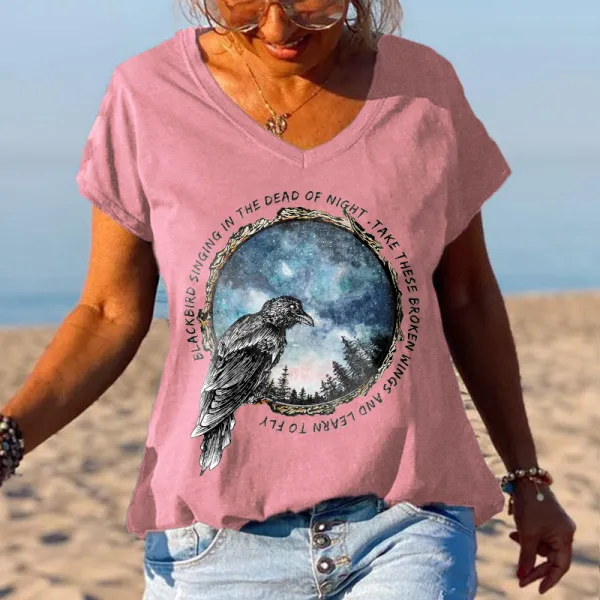 Blackbird Singing In The Dead Of Night Printed Women's T-shirt