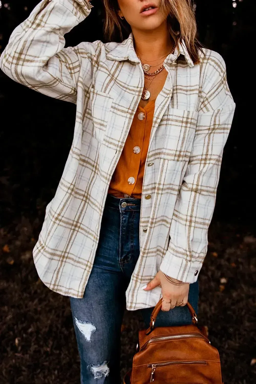 Women's 2023 Fall Clothes Plaid Shacket Jacket Long Sleeve Button Down Flannel Shirts Fashion Blouse