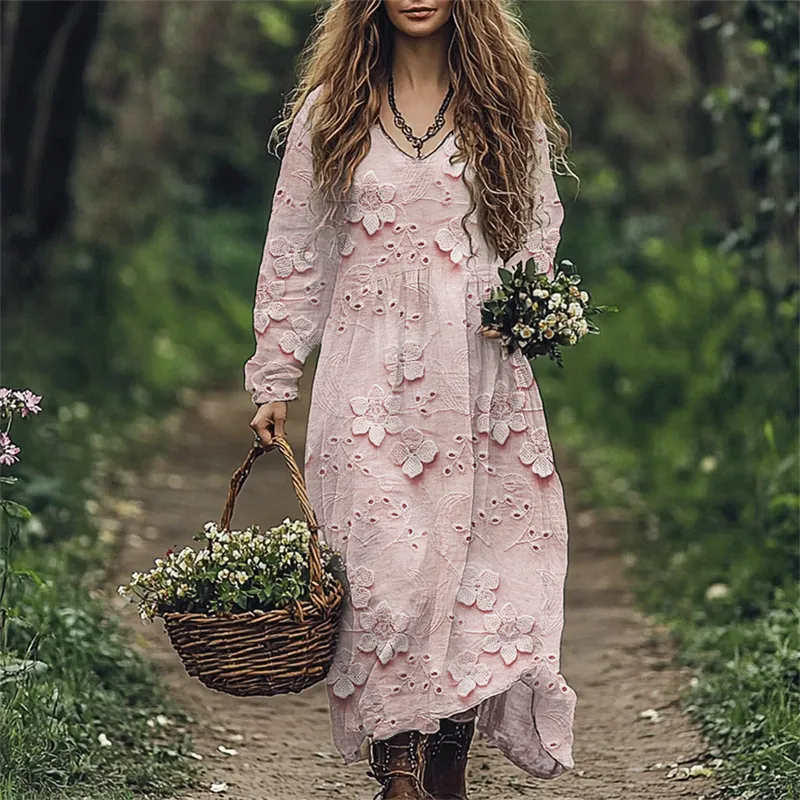 Cottage 3d Floral Embroidery Lace Linen Blend Maxi Dress