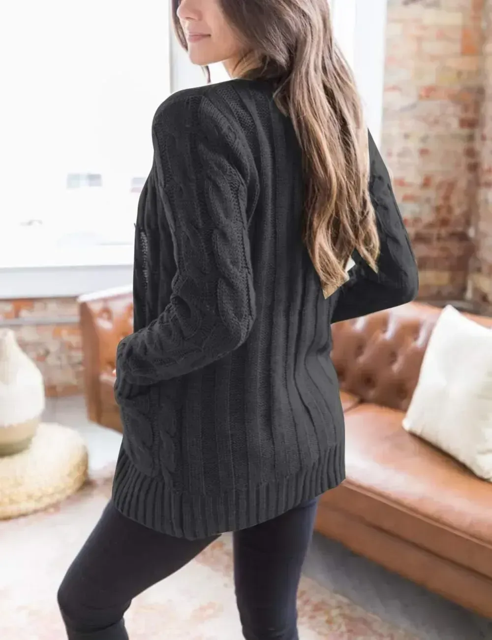 MEROKEETY Women's 2024 Fall Long Sleeve Cable Knit Sweater Open Front Cardigan Button Loose Outerwear