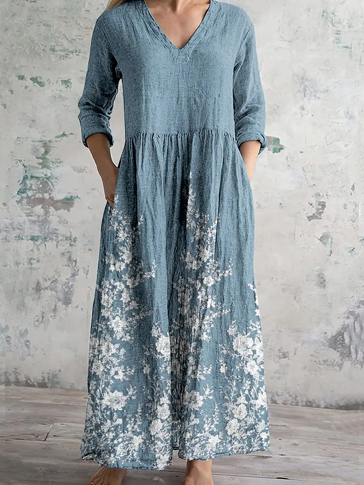 Vintage Floral Embroidered Lace Art Women's Linen Dress