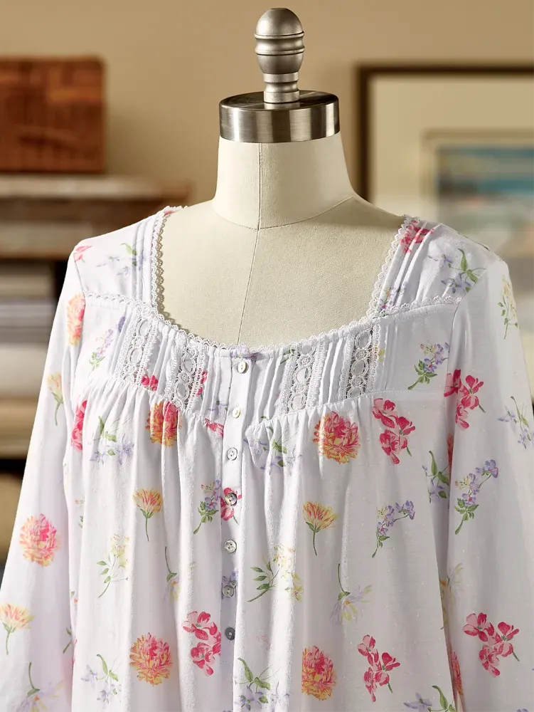 Lanz Tossed Floral Cotton Knit Long Nightgown