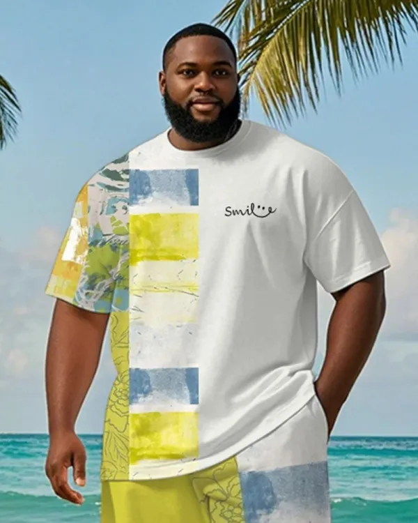Big & Tall Men's Teal Striped Alphabet Print Round Neck T-Shirt and Shorts Suit