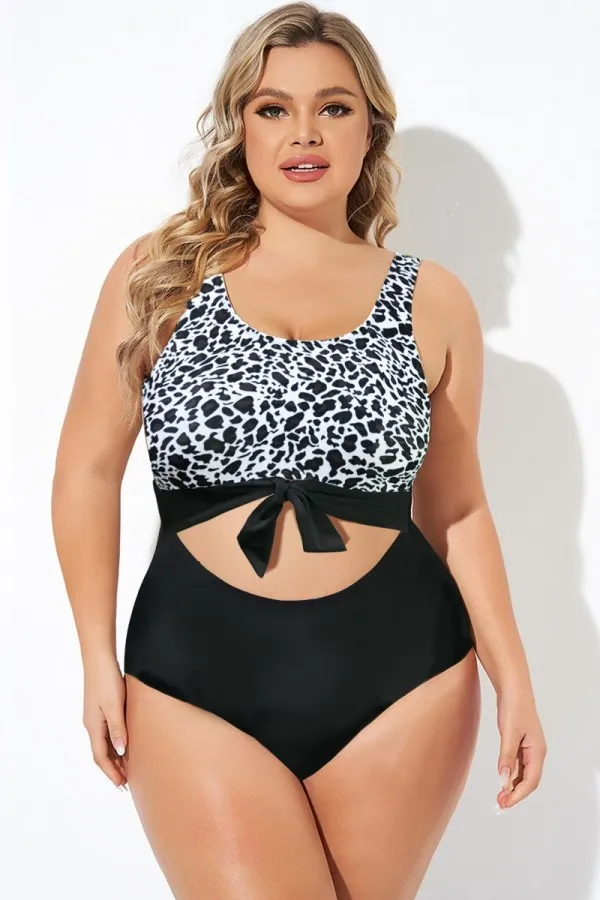 Leopard Print Stripe Knotted One Piece Swimsuit